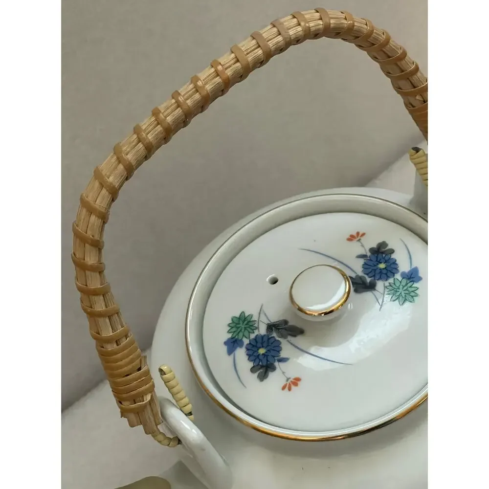 Vintage Japan Teapot with Bamboo Handle and 5 Tea Cups Blue Flowers